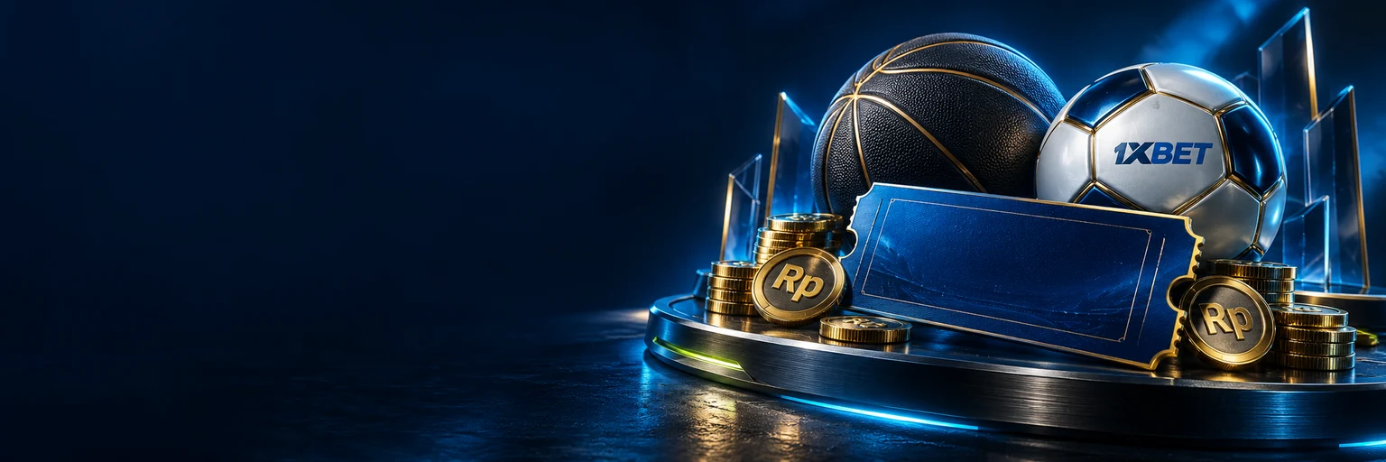Banner free bet basket 1xBet dengan bola basket dan tiket emas