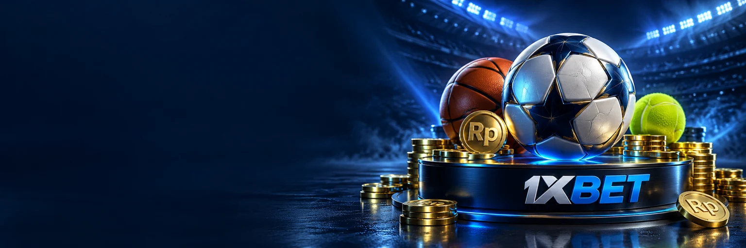 Banner bonus taruhan olahraga 1xBet dengan bola sepak dan slip taruhan emas
