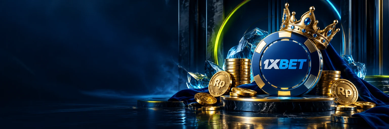 Banner program VIP Cashback 1xBet dengan chip emas, berlian, dan mahkota