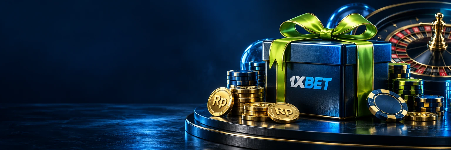 Banner bonus sambutan kasino 1xBet dengan peti harta, koin Rupiah, dan putaran gratis