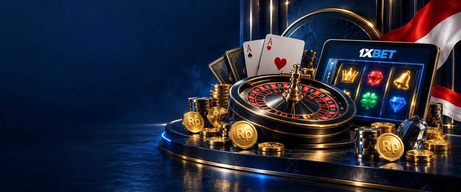 1xBet Casino dengan roulette, kartu, slot, dan chip dalam Rupiah