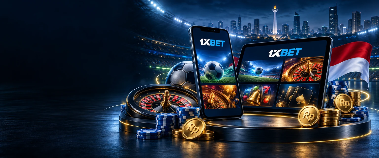 Taruhan olahraga dan kasino 1xBet Indonesia dengan stadion, roulette, dan chip Rupiah