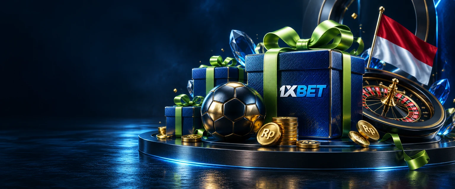 Bonus dan promosi 1xBet dengan kotak hadiah, voucher emas, dan koin Rupiah