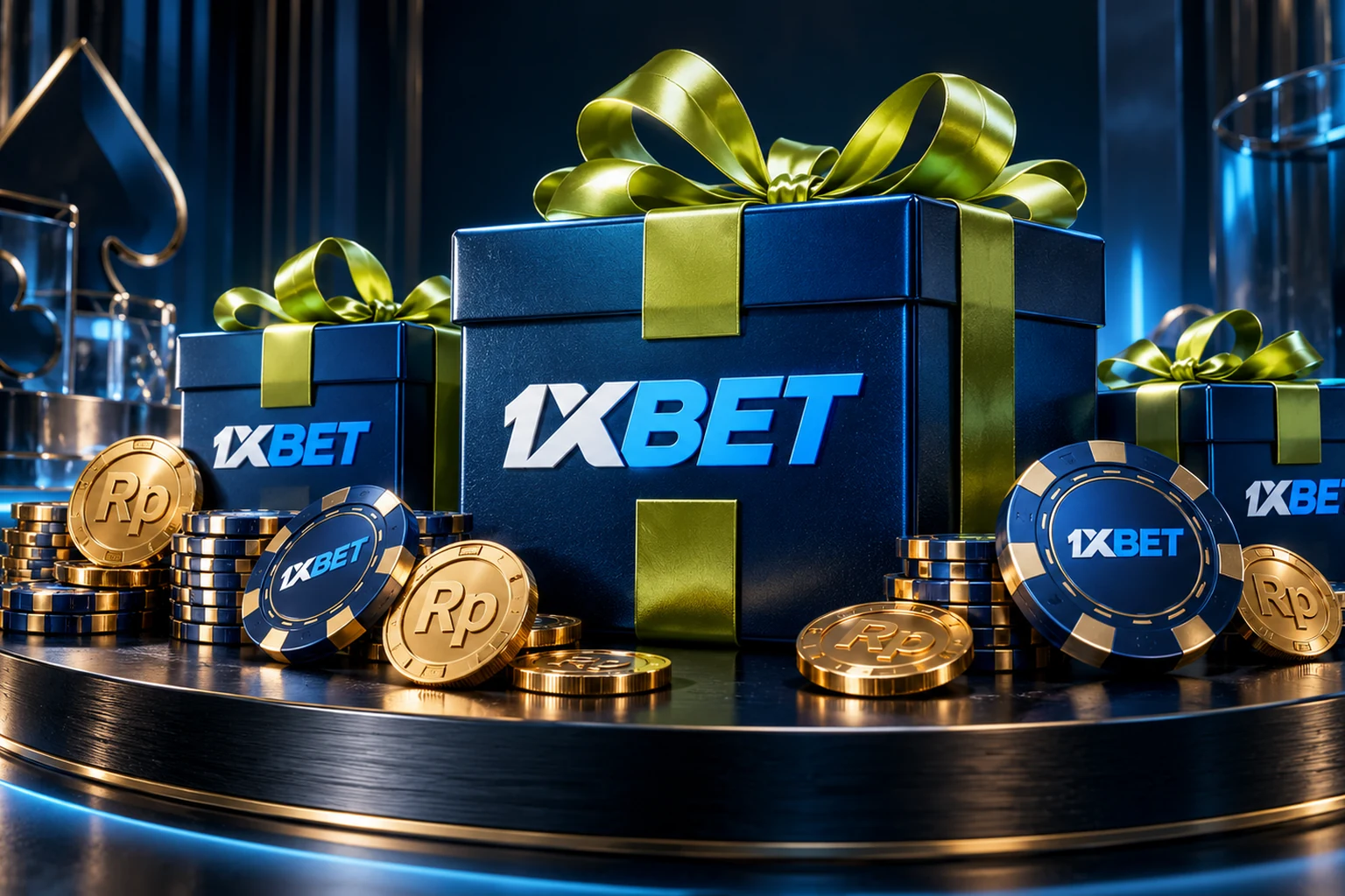 Paket bonus sambutan 1xBet dengan kotak hadiah dan empat tumpukan koin Rupiah