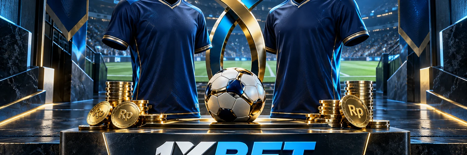 Kemitraan sepak bola 1xBet dengan trofi emas dan stadion