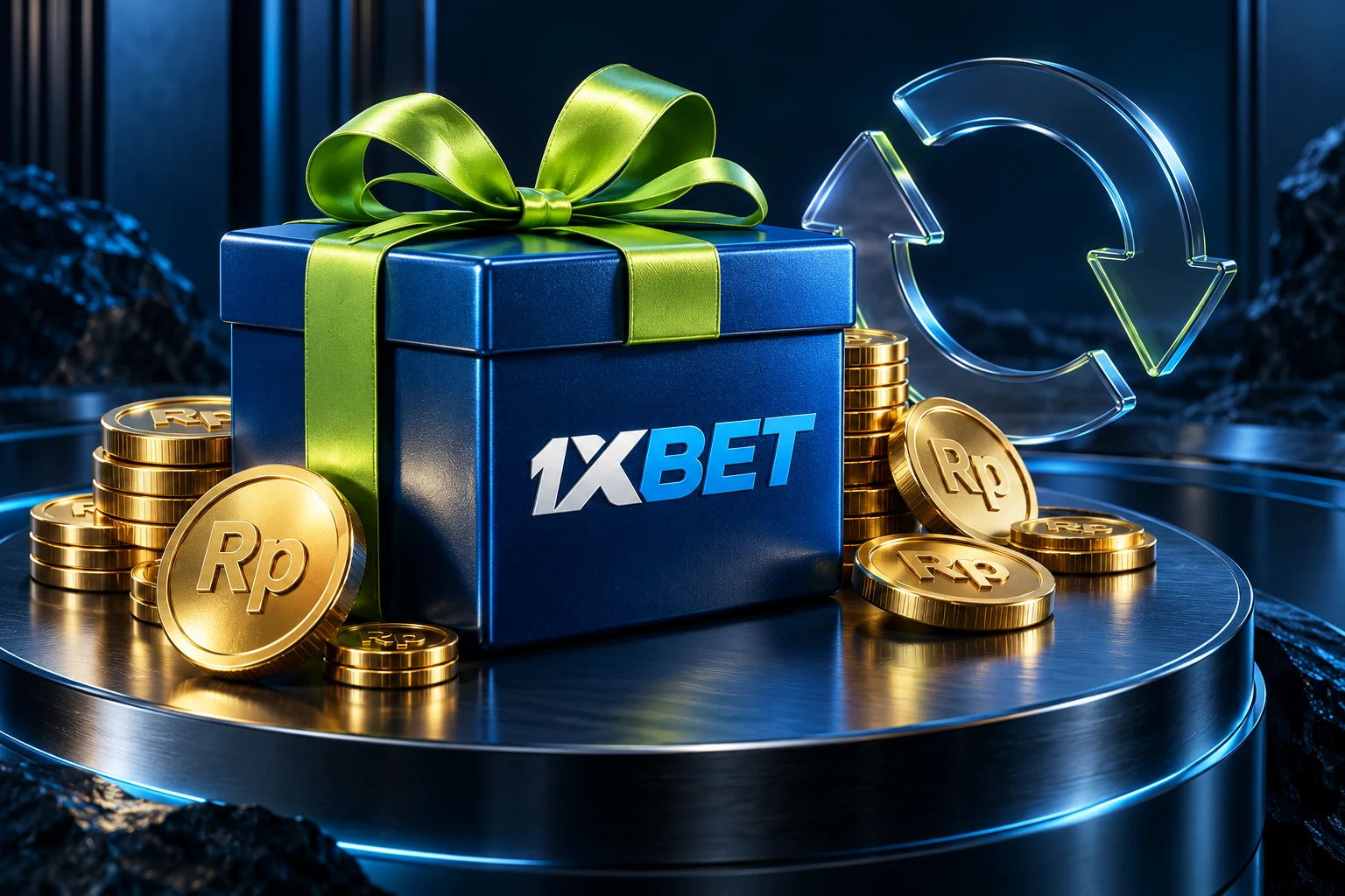 Bonus reload mingguan 1xBet dengan kalender Jumat dan koin yang berputar