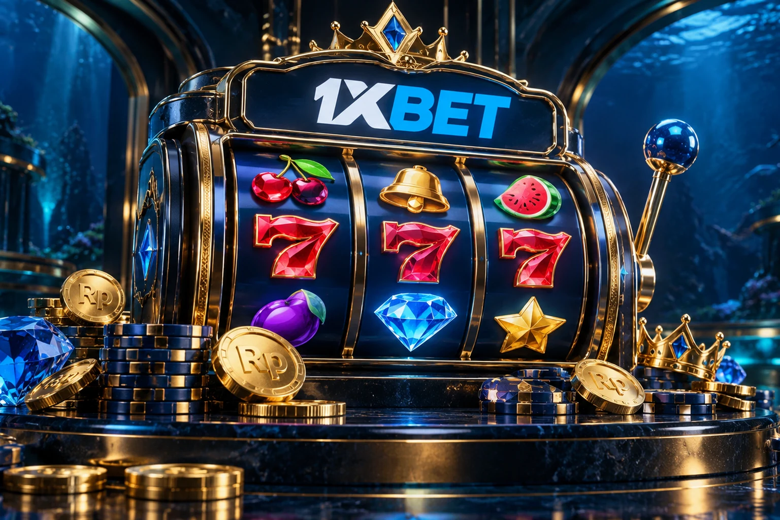 Mesin slot 1xBet dengan gulungan permata dan plakat RTP 96%